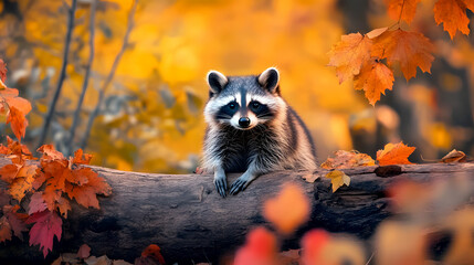 Fototapeta premium raccoon sitting on a log, with a backdrop of vibrant autumn foliage