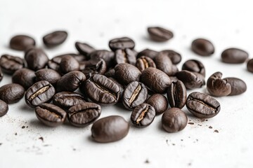 Fototapeta premium A scattering of dark roasted coffee beans spilling onto a light background, creating a striking