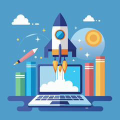 Rocket launch from laptop on office table to fly up in air. Business startup new idea project development, internet marketing strategy growth, future product progress on a website, speed power boost S