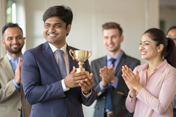 "Successful Indian Employee with Trophy" – Smiling Indian employee receiving a trophy with a team applauding.
