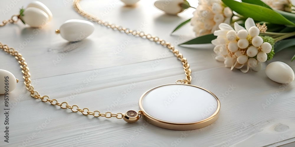 Poster a delicate gold chain with a circular pendant featuring a blank white surface. perfect for adding yo
