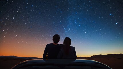 Couple Silhouetted Against Starry Night Sky and Mountainscape