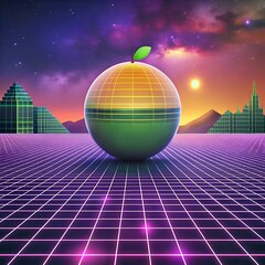 A vibrant 3D illustration of a green orange fruit with a futuristic. retro 80s style.