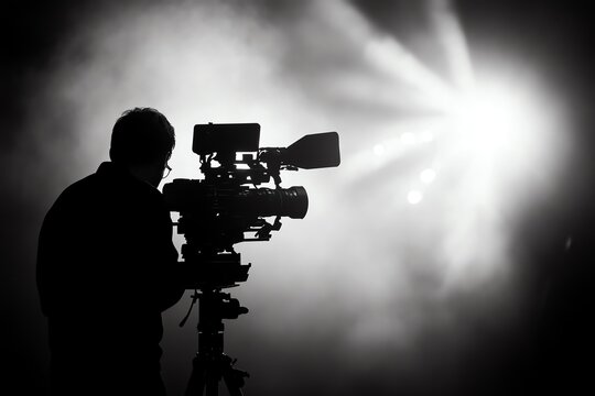 Silhouette of a cameraman filming in a spotlight.  The image is evocative of live performance, news reporting, or a film set.