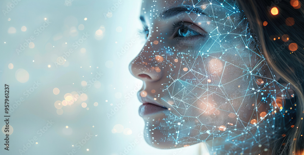 Poster Cybernetic augmentation through advanced interfaces close up, focus on, copy space Bold and futuristic, enhancing human experience Double exposure silhouette with connected technology. Generative AI.