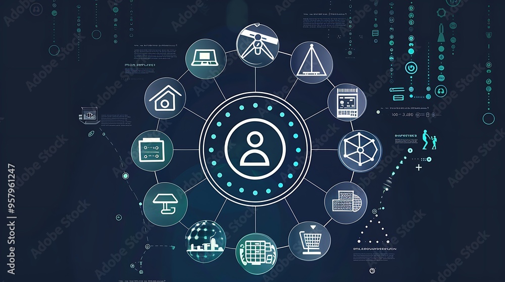 Poster abstract digital network graphic with icon connection point elements for futuristic modern technolog