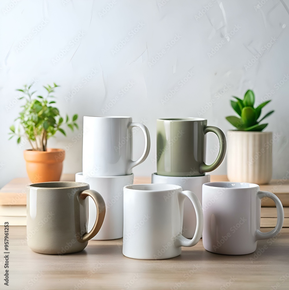 Poster a collection of six mugs in various colors and styles. perfect for adding a touch of warmth and pers