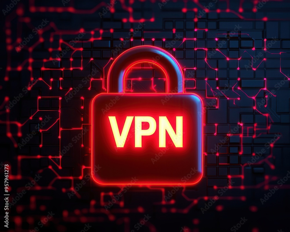 Poster a digital illustration showcasing a secure vpn lock symbol against a background of circuit patterns,