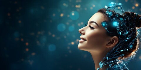 A double exposure image depicting an AI robot head and the profile of a woman's face, with glowing blue geometric shapes against a white background