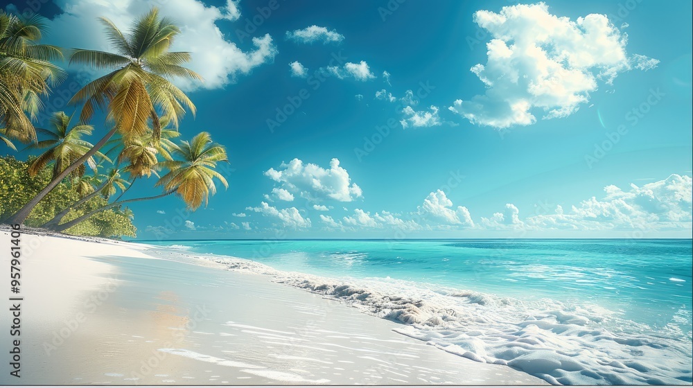 Poster under the blue sky, a tropical beach with palm trees and white sand. bright and clear background. ge