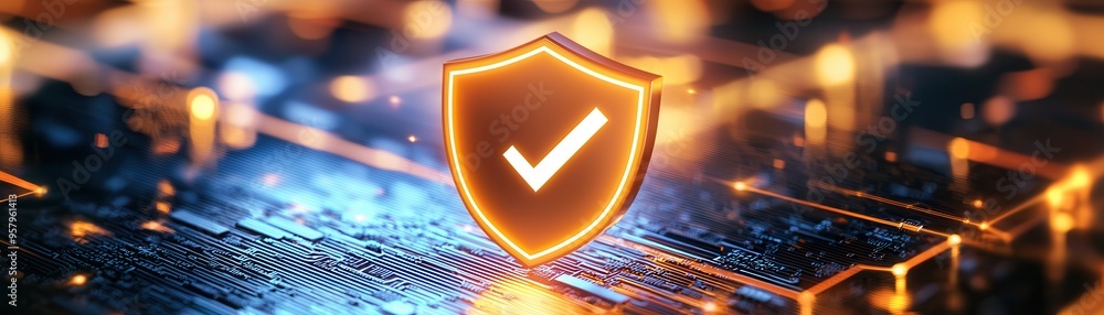 Poster a glowing shield symbolizing digital security on a circuit board background, representing protection