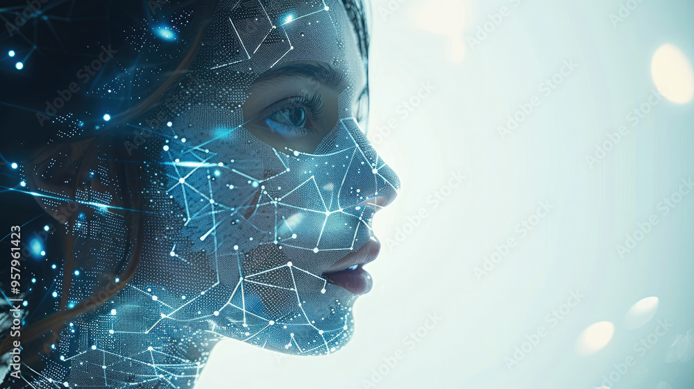 Poster Cybernetic augmentation through advanced interfaces close up, focus on, copy space Bold and futuristic, enhancing human experience Double exposure silhouette with connected technology. Generative AI.