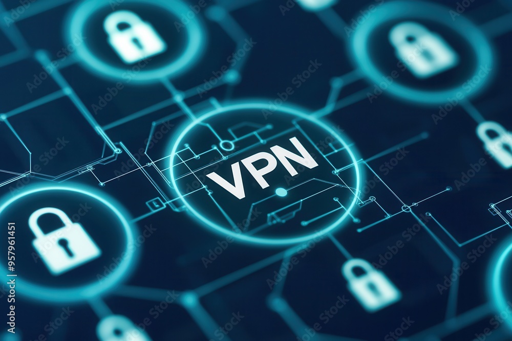 Poster a modern illustration of a vpn network with secure locks highlighting digital privacy and protection