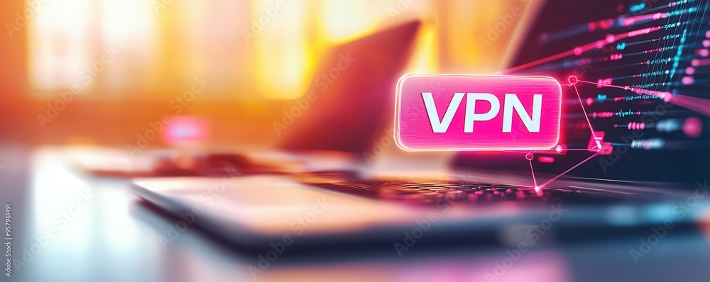 Poster a modern laptop displaying a vpn icon, symbolizing secure internet connection and online privacy in 
