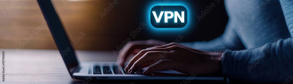 Poster a person using a laptop with a vpn icon, highlighting the importance of online privacy and secure in