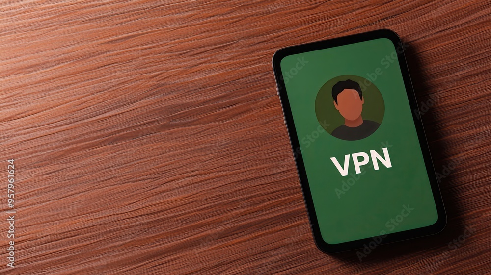 Poster a smartphone displaying a vpn interface, symbolizing online security and privacy on a wooden desk.