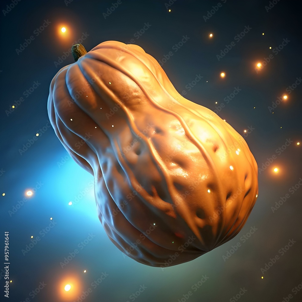 Poster a unique. abstract 3d rendering of a pumpkin floating against a dark blue background with glowing do