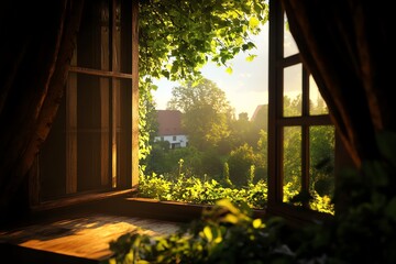 Fototapeta premium Sunlight streams through an open window, illuminating a lush green garden with a house in the distance.