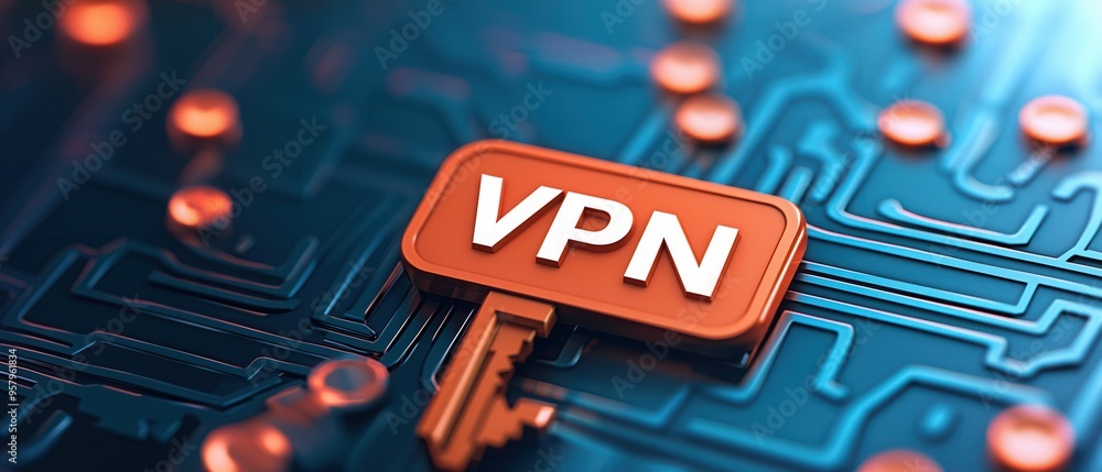 Poster a vibrant representation of a vpn key symbol on a digital circuit background, symbolizing online sec