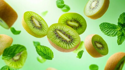 Fototapeta premium A bunch of kiwi slices falling into the air with mint leaves