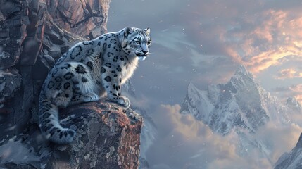 Majestic Snow Leopard Perched on Rocky Cliff against Dramatic Mountain Landscape