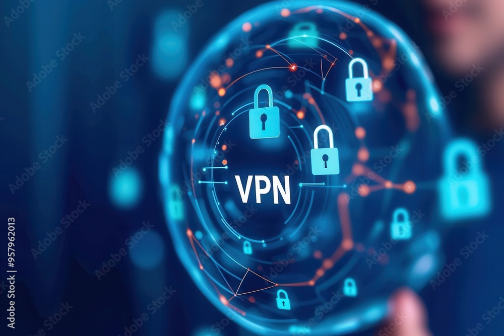 Poster abstract representation of a vpn network featuring padlocks, data protection, and secure connections