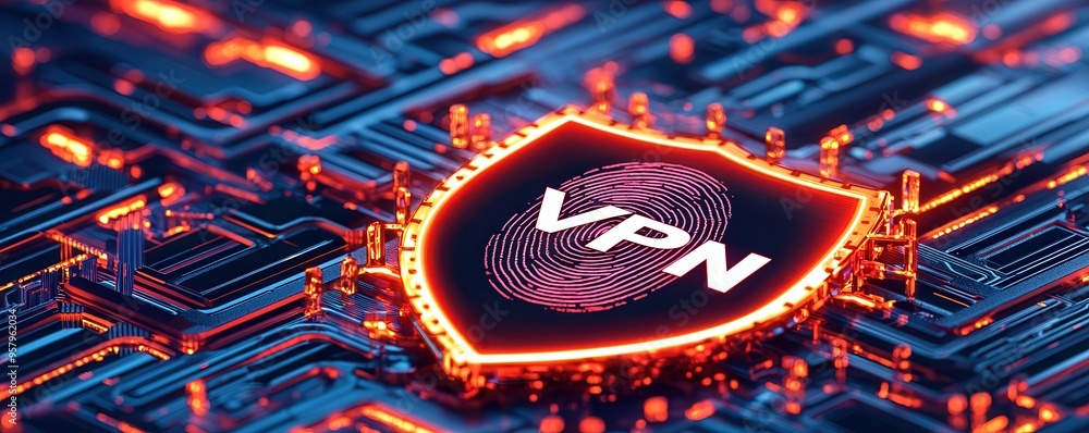 Aufkleber a vivid representation of cybersecurity with a vpn shield symbol glowing amidst colorful circuit pat