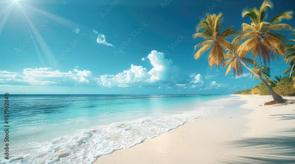 Poster under the blue sky, a tropical beach with palm trees and white sand. bright and clear background. ge
