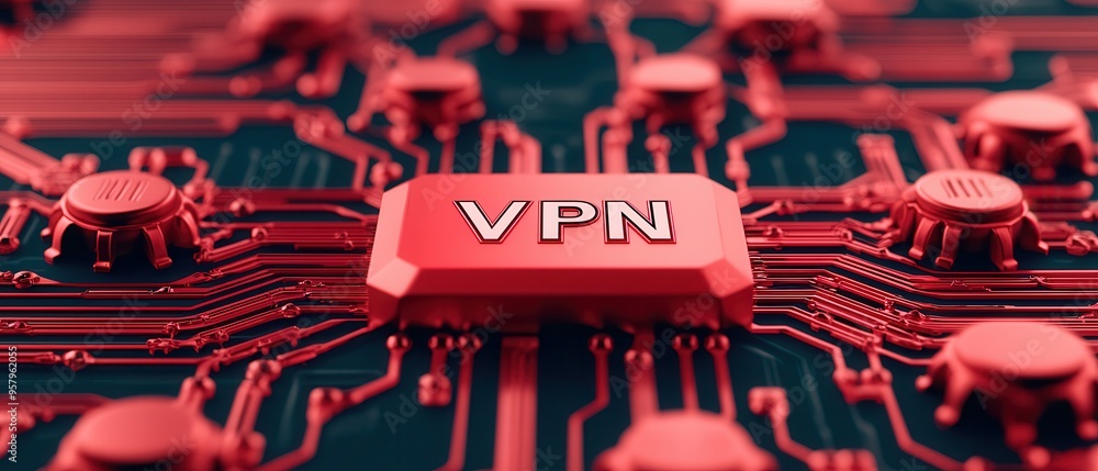 Poster close-up of a circuit board featuring a prominent vpn button, symbolizing digital security and onlin