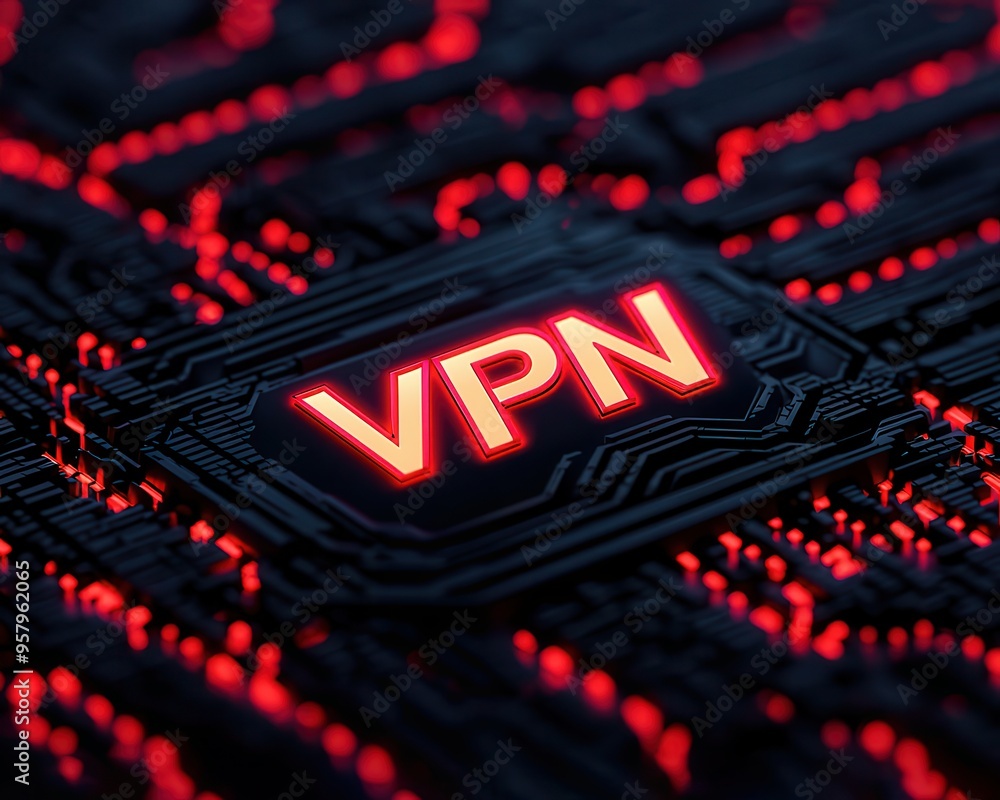Poster close-up of a glowing vpn sign on a digital circuit background, symbolizing online security and priv