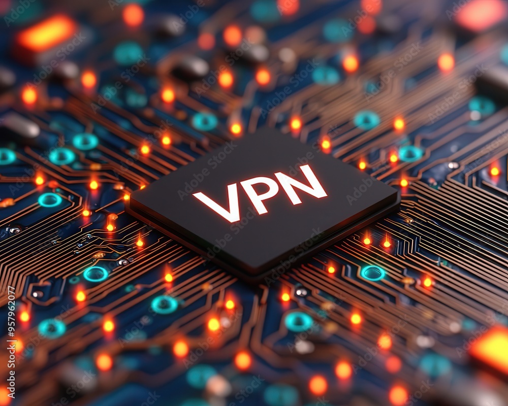 Poster close-up of a computer circuit board highlighting a vpn chip, symbolizing online security and privac