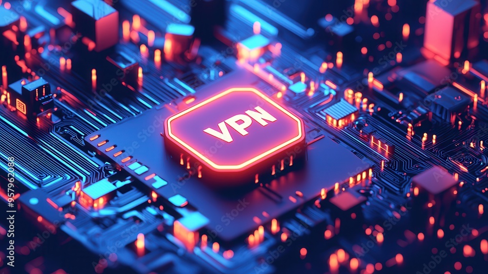 Poster close-up of a circuit board with illuminated vpn chip, symbolizing cybersecurity and online privacy 