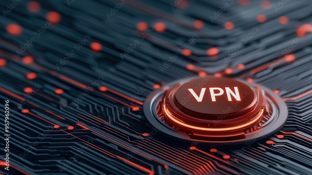 Poster close-up of a glowing vpn button on a circuit board, symbolizing online privacy and cybersecurity.