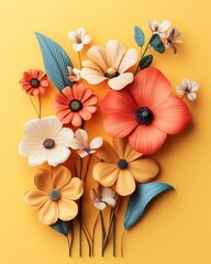 Obraz premium Beautiful paper flowers arrangement on yellow background