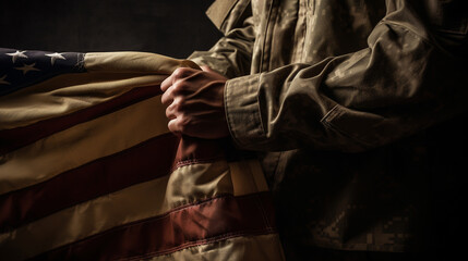 Fototapeta premium American flag held by a soldier.