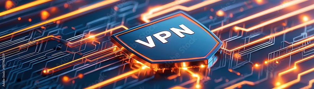 Poster conceptual digital illustration featuring a vpn shield symbolizing online privacy and data security 