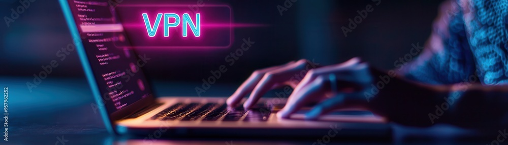Poster concept of online security with a focus on vpn usage. a person using a laptop in a dark setting emph