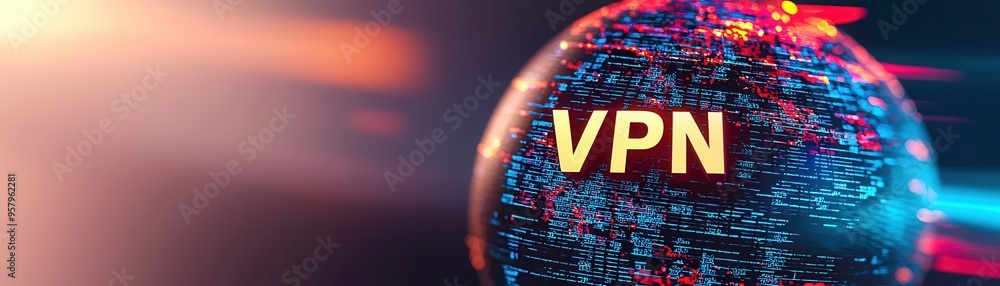 Poster digital globe showcasing vpn technology with data connections, symbolizing online security and priva