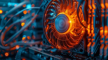 Close-up of a computer fan with orange glow and blue background.