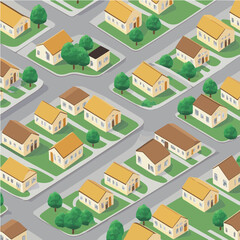 Flat vector illustration of a suburban neighborhood featuring uniform homes and green spaces. Ideal for real estate brochures or urban development concepts.
