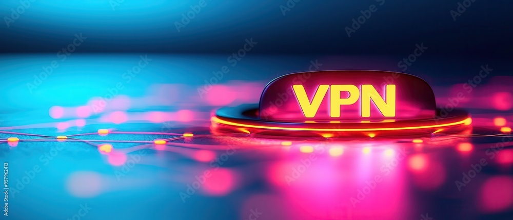 Poster illustration of a vpn button with vibrant neon colors, representing secure internet connection and o