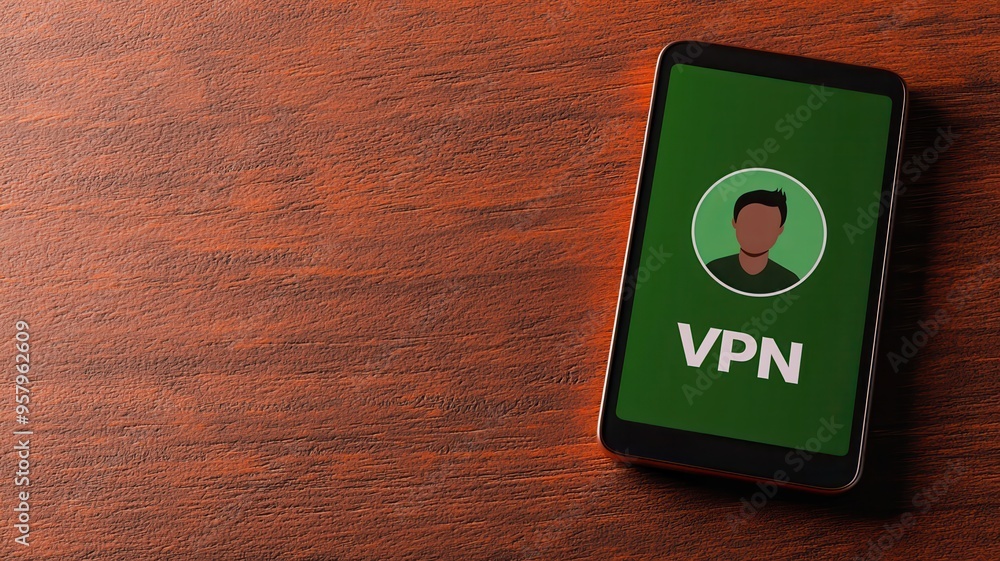 Poster smartphone displaying vpn service on a wooden surface, symbolizing online privacy and secure interne