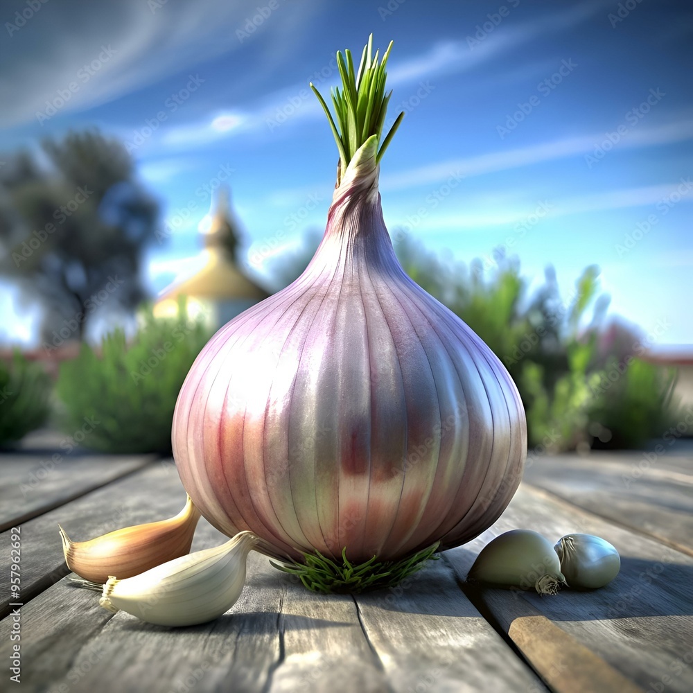 Poster a 3d rendering of a single shallot with a shallow depth of field.