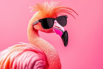 Naklejka premium A stylized flamingo with bright pink feathers and a tuft of orange on its head stands against a pink