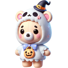 Fototapeta premium Cute cartoon bear dressed in a ghost costume with a witch hat, holding a jack-o'-lantern bucket.