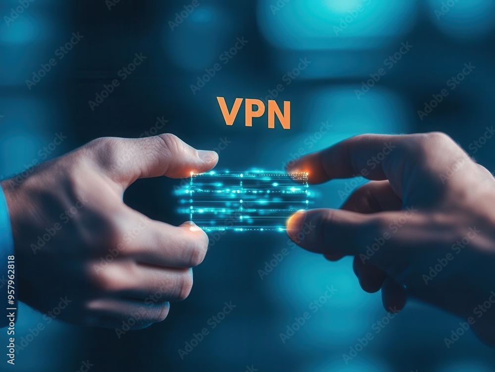 Poster two hands connect through a digital network, symbolizing secure online communication with vpn techno