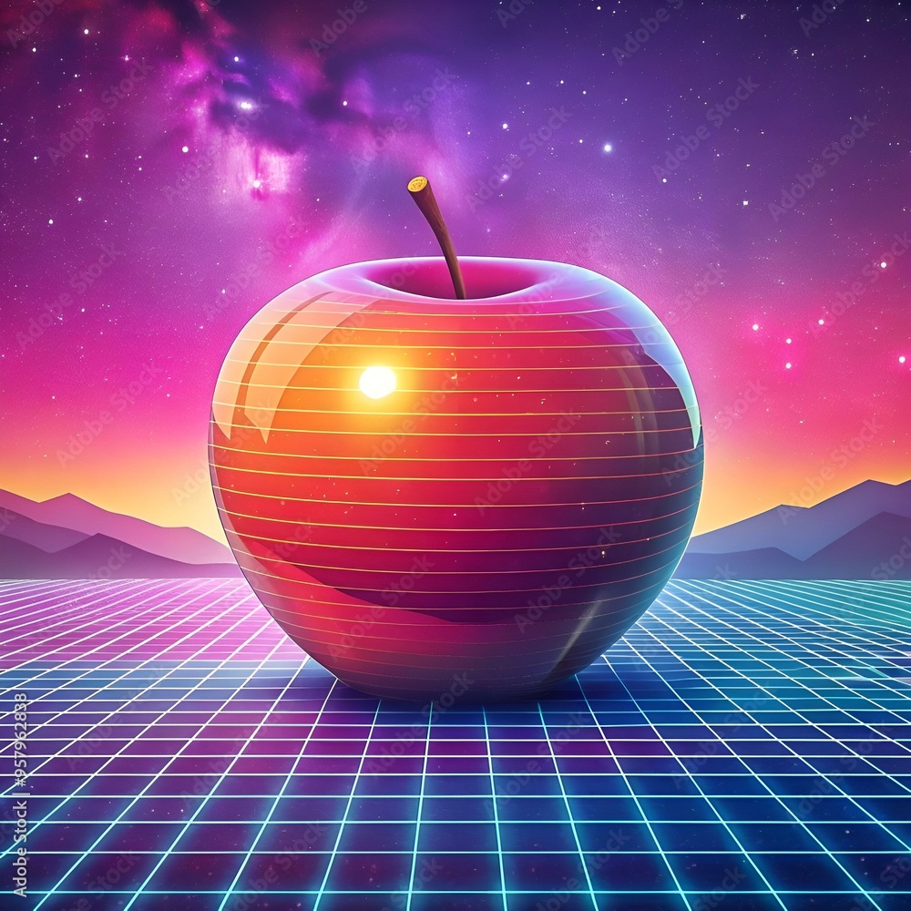Poster a vibrant 3d illustration of a shiny red apple rendered in a retro 80s style with a glowing grid lan