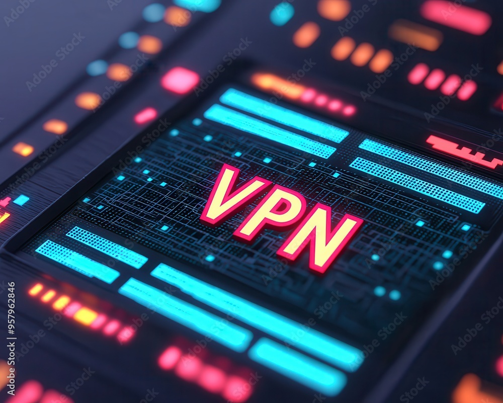 Poster visual representation of a vpn interface with bright colors and digital elements, illustrating onlin