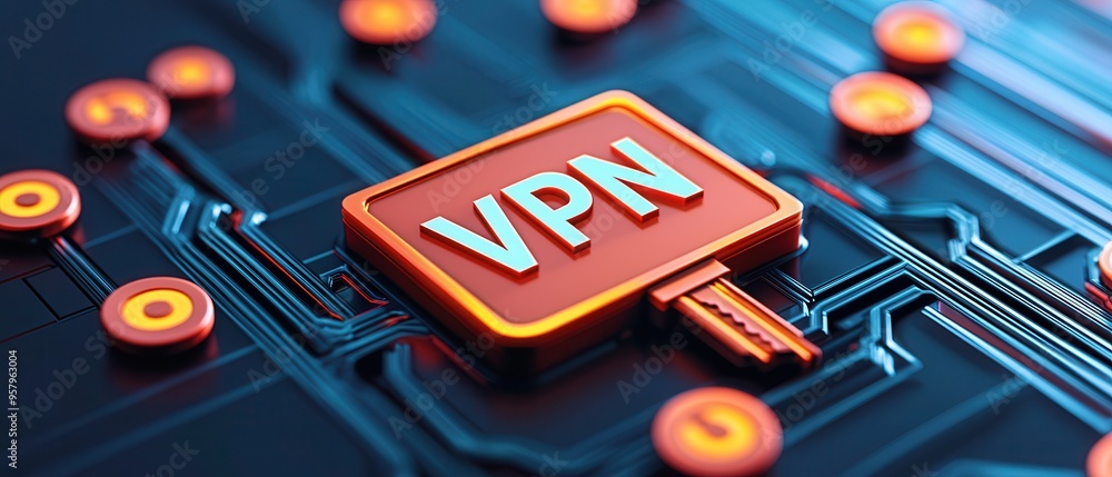 Poster a close-up of a vpn symbol on a digital circuit board, illustrating secure internet connections and 