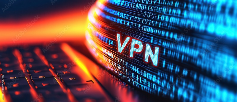 Poster a close-up view of a keyboard with a glowing vpn symbol, representing cybersecurity and online priva
